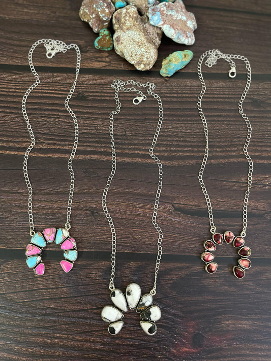 Handmade Sterling Silver Cotton Candy, White Buffalo, Rose Dahlia Naja Necklace, Signed Nizhoni