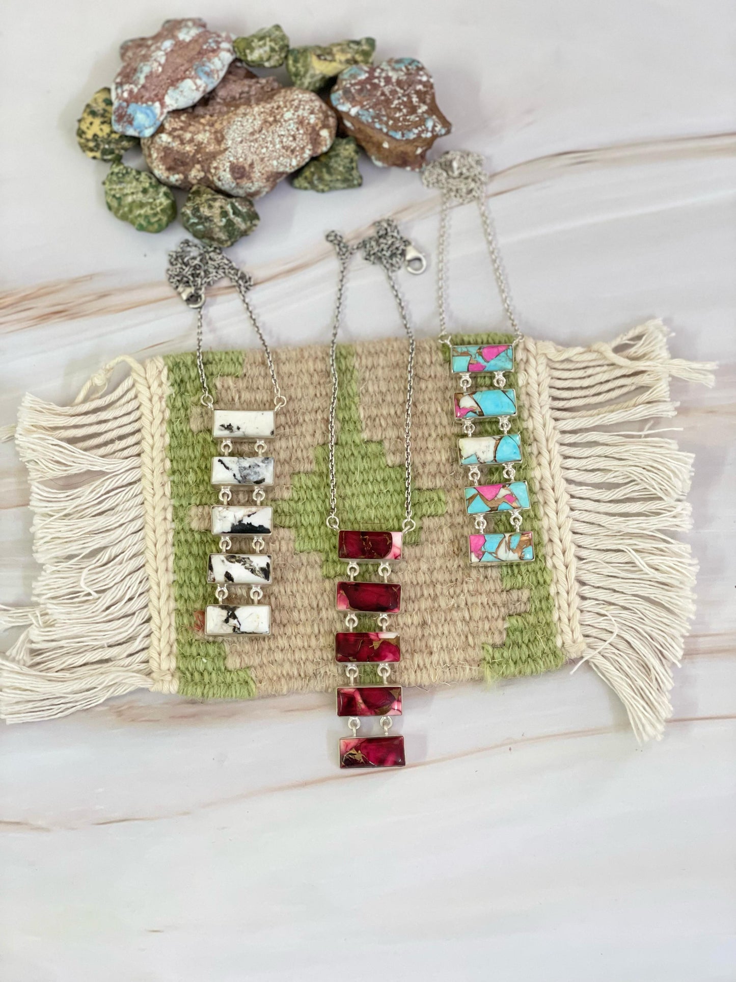 Handmade Sterling Silver Cotton Candy, White Buffalo, Red Rose Dahlia Necklace with Signed Nizhoni
