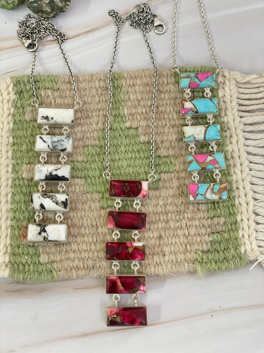 Handmade Sterling Silver Cotton Candy, White Buffalo, Red Rose Dahlia Necklace with Signed Nizhoni