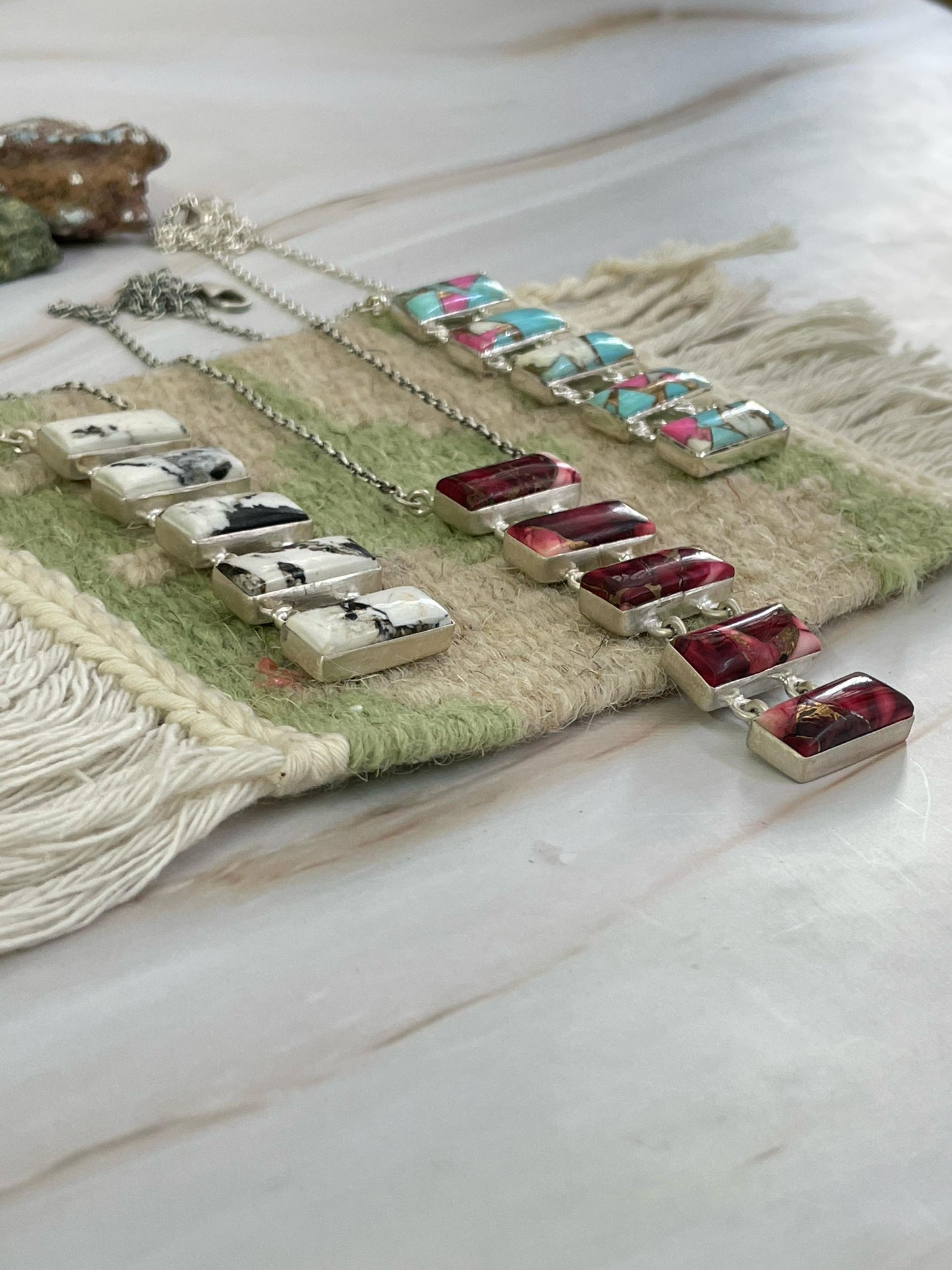 Handmade Sterling Silver Cotton Candy, White Buffalo, Red Rose Dahlia Necklace with Signed Nizhoni