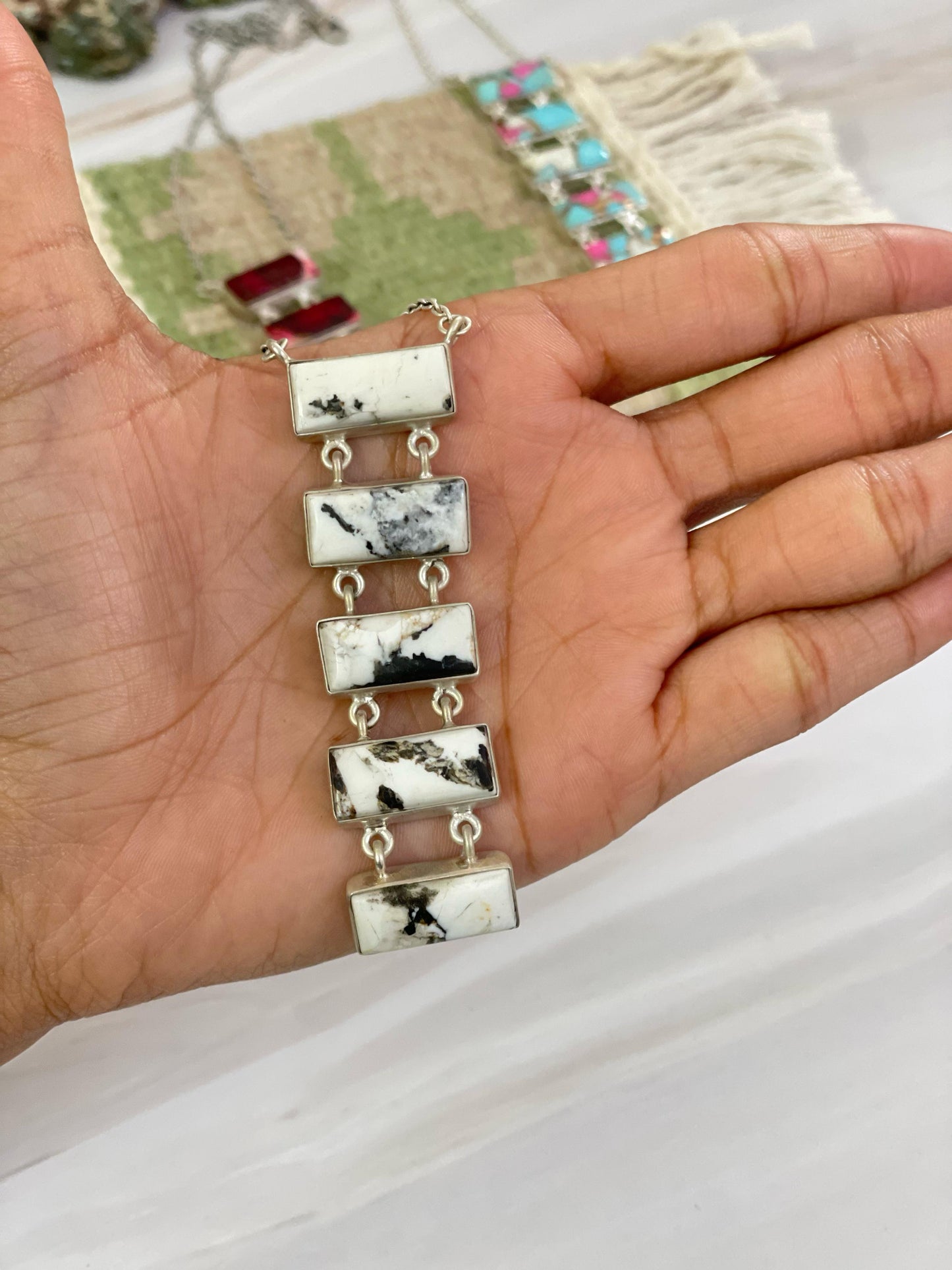 Handmade Sterling Silver Cotton Candy, White Buffalo, Red Rose Dahlia Necklace with Signed Nizhoni
