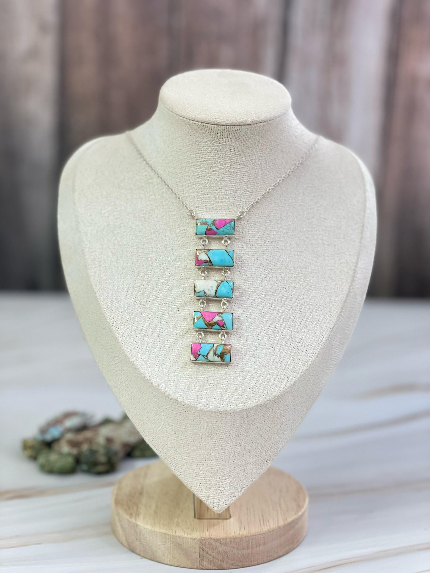 Handmade Sterling Silver Cotton Candy, White Buffalo, Red Rose Dahlia Necklace with Signed Nizhoni
