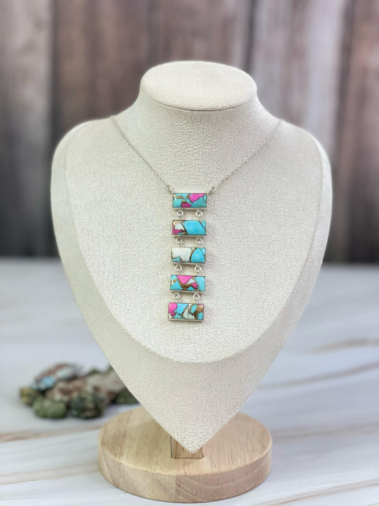 Handmade Sterling Silver Cotton Candy, White Buffalo, Red Rose Dahlia Necklace with Signed Nizhoni