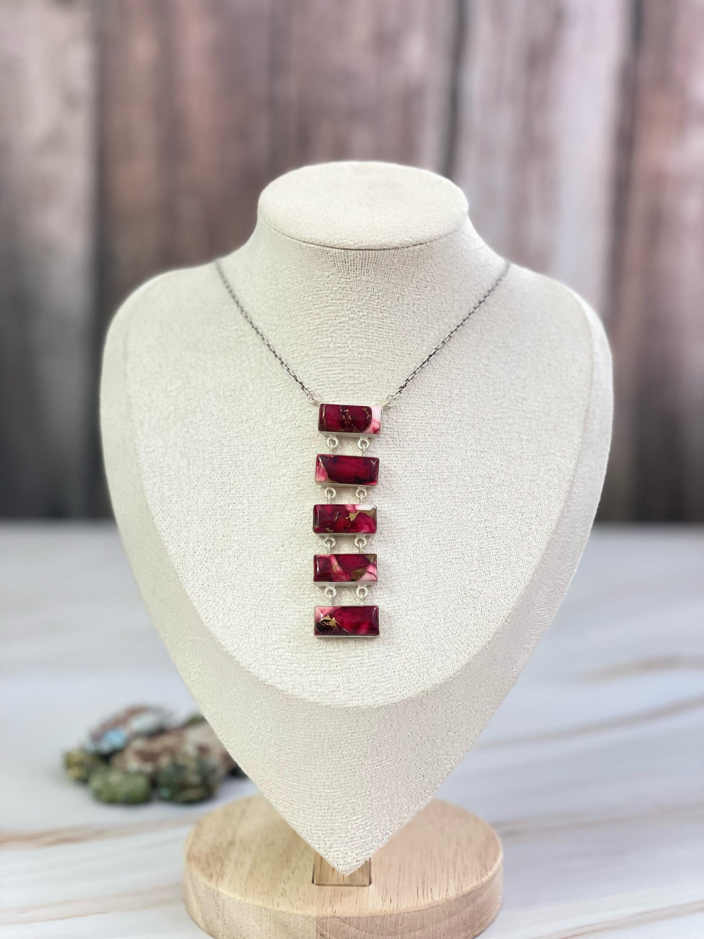 Handmade Sterling Silver Cotton Candy, White Buffalo, Red Rose Dahlia Necklace with Signed Nizhoni