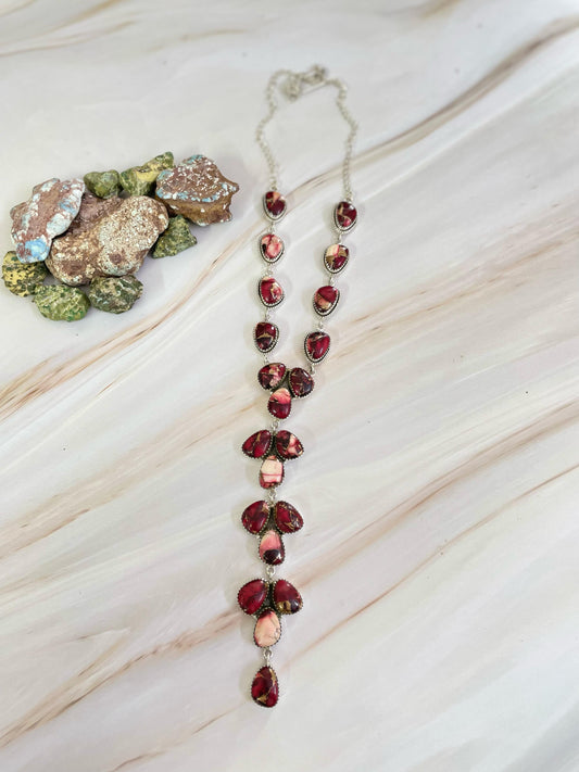 Handmade Sterling Silver Red Rose Dahlia Turquoise Necklace, Signed Nizhoni