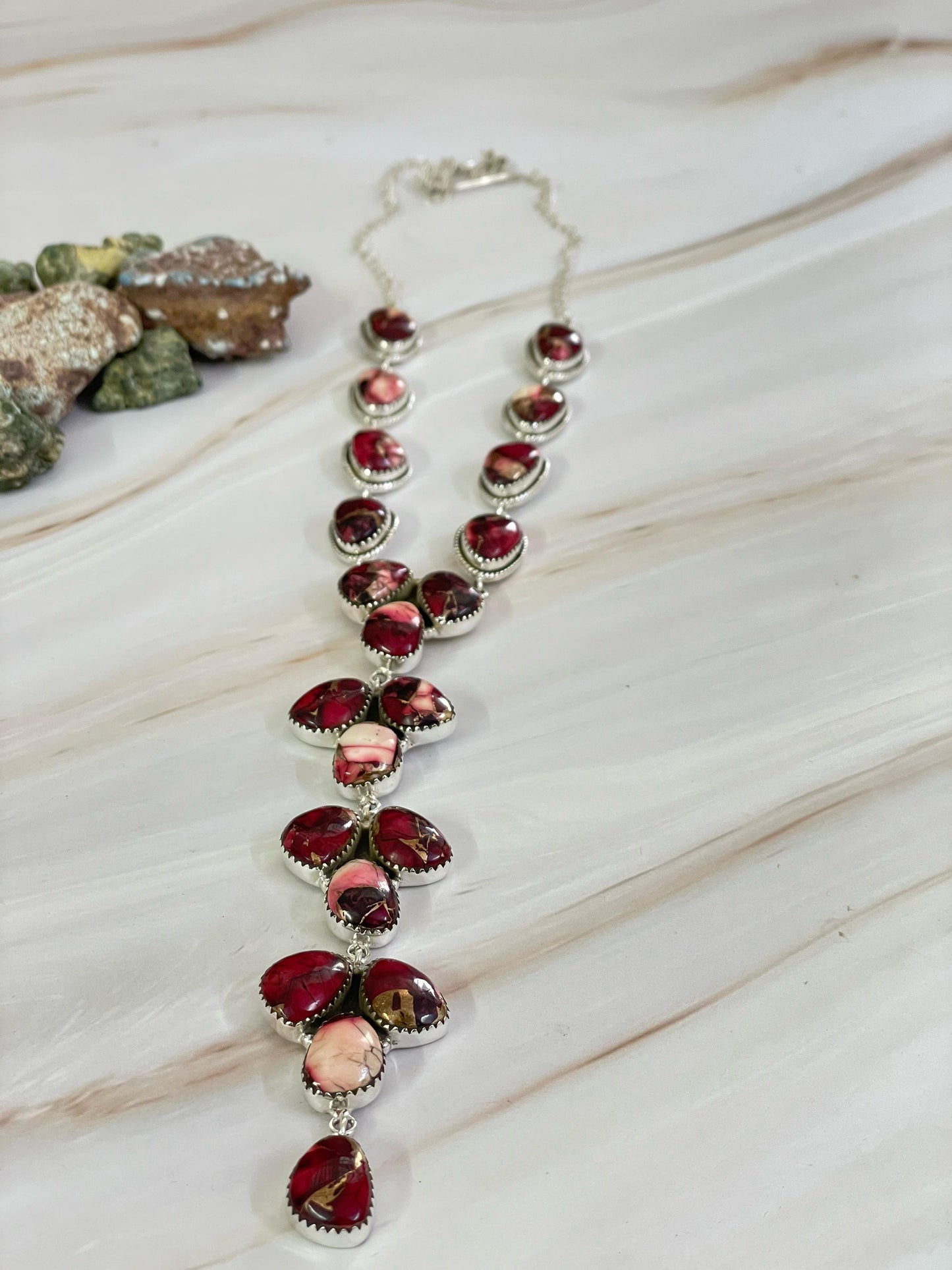 Handmade Sterling Silver Red Rose Dahlia Turquoise Necklace, Signed Nizhoni