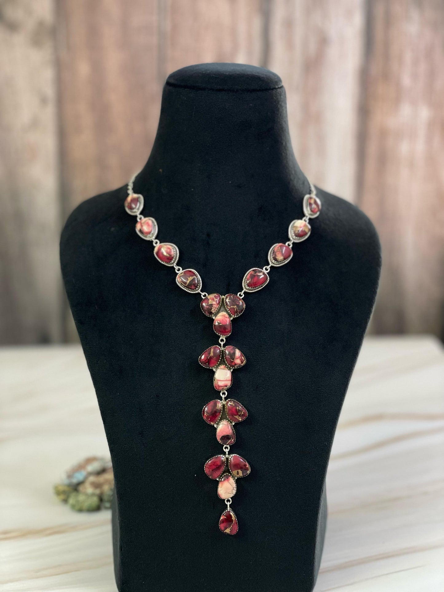 Handmade Sterling Silver Red Rose Dahlia Turquoise Necklace, Signed Nizhoni