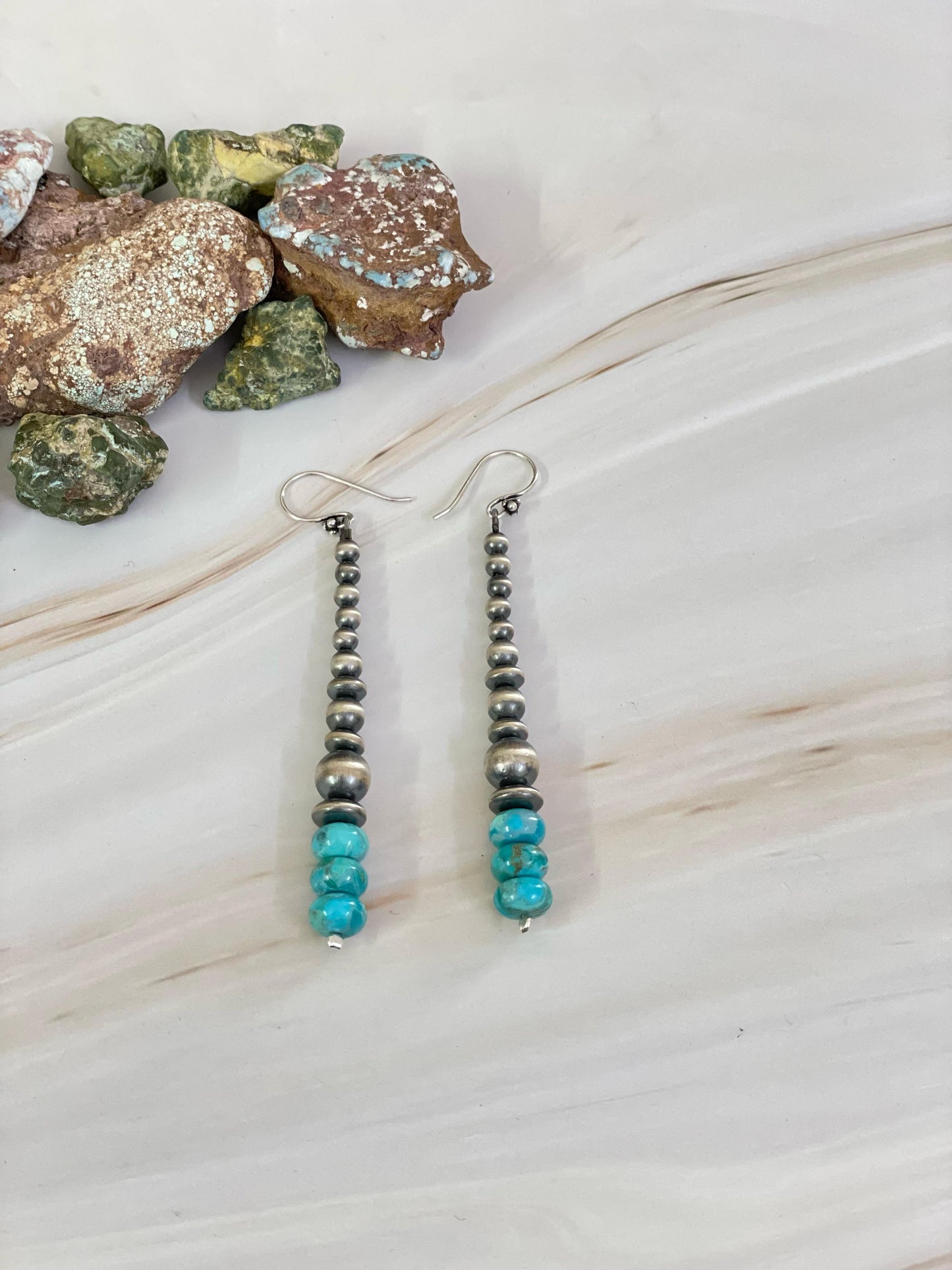 Handmade Sterling Silver Kingman Turquoise Dangler Earrings, Signed Nizhoni