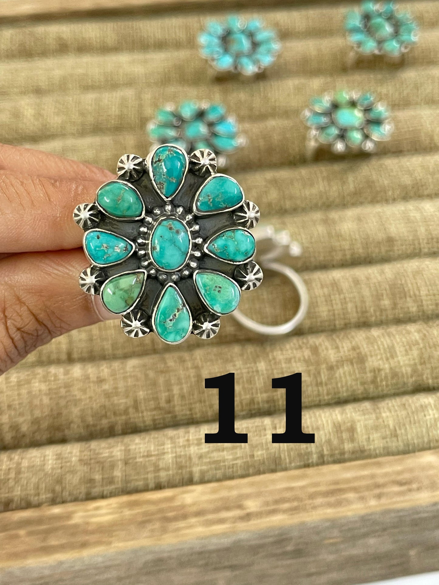 Handmade Sterling Silver Emerald Valley Turquoise Adjustable Ring with Signed Nizhoni