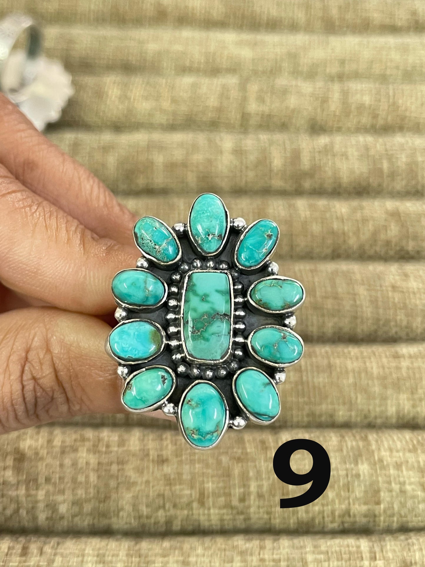 Handmade Sterling Silver Emerald Valley Turquoise Adjustable Ring with Signed Nizhoni