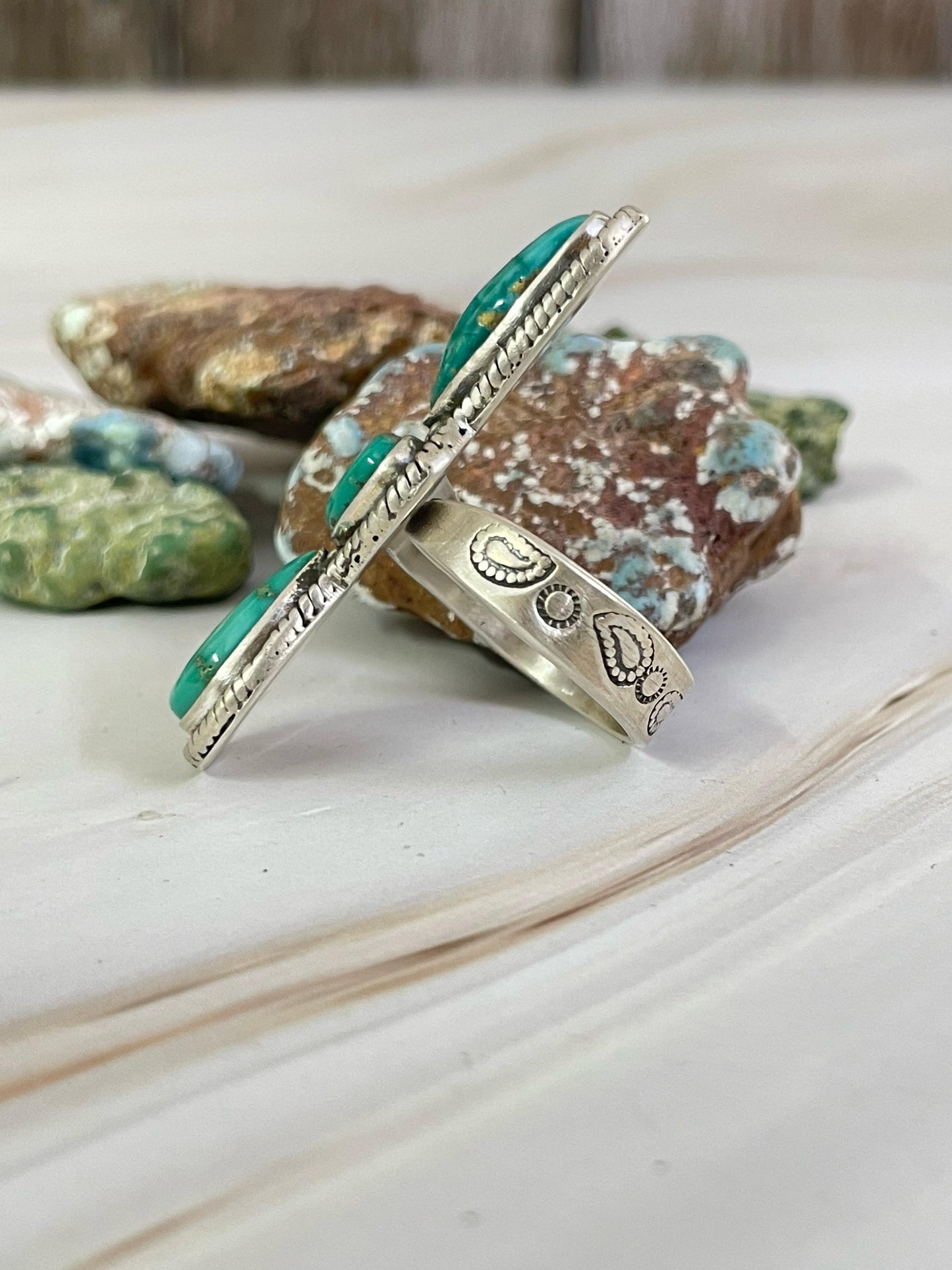 Handmade Sterling Silver Emerald Valley Turquoise Adjustable Ring, Signed Nizhoni