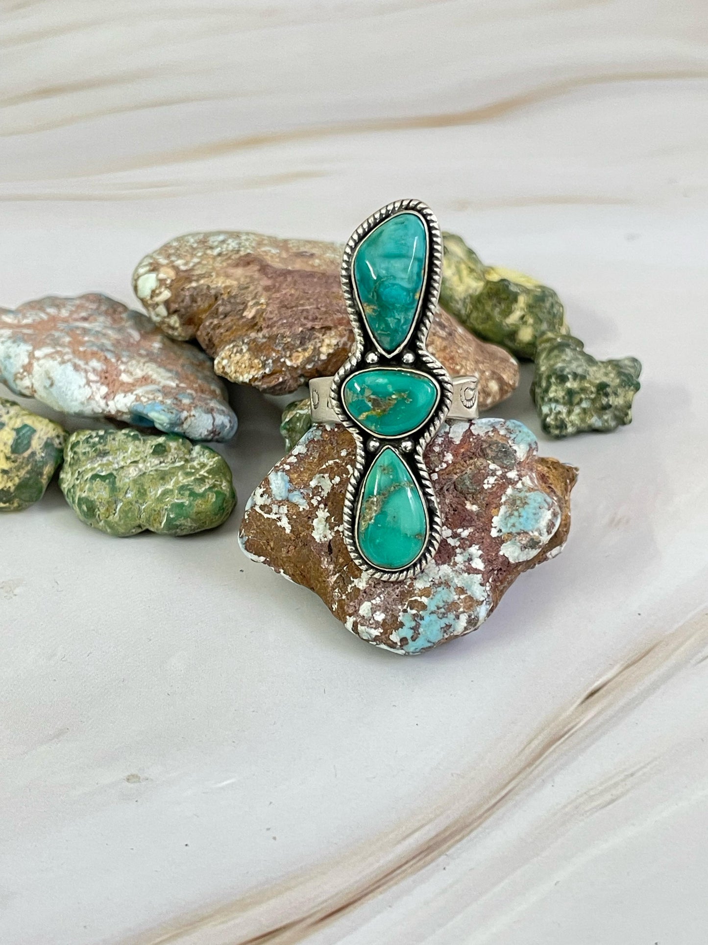 Handmade Sterling Silver Emerald Valley Turquoise Adjustable Ring, Signed Nizhoni