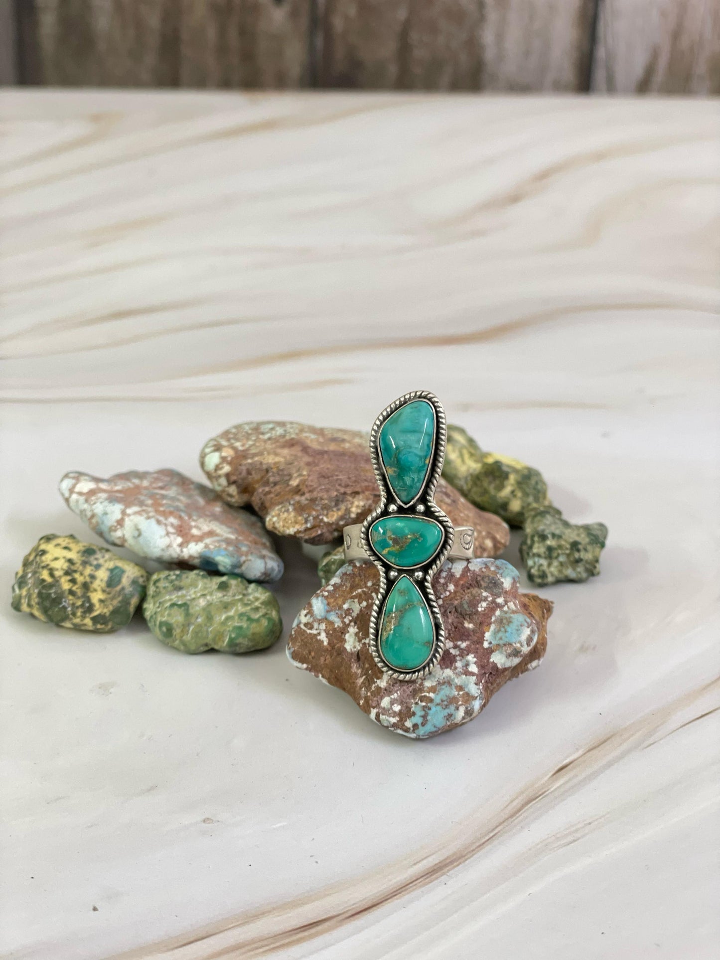 Handmade Sterling Silver Emerald Valley Turquoise Adjustable Ring, Signed Nizhoni
