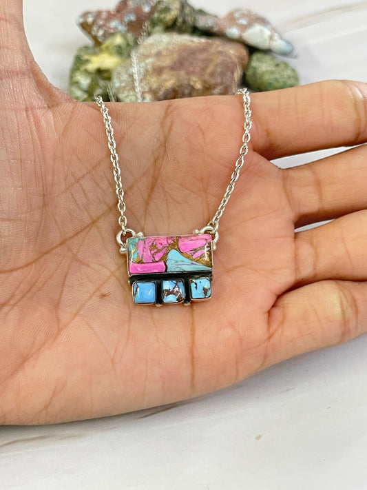 Handmade Sterling Silver Cotton Candy with Golden Hills Turquoise Necklace, Signed Nizhoni