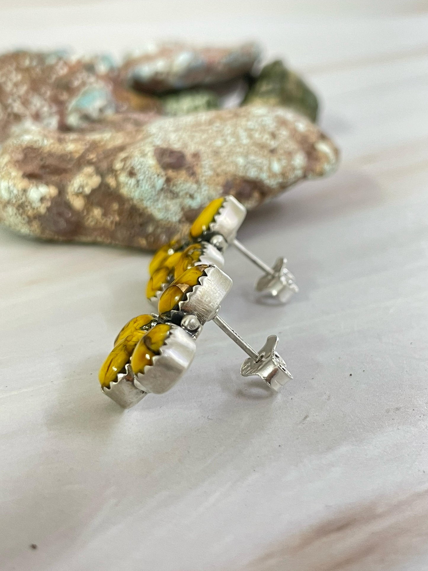 Handmade Sterling Silver Honey Dahlia Post Earrings, Signed Nizhoni