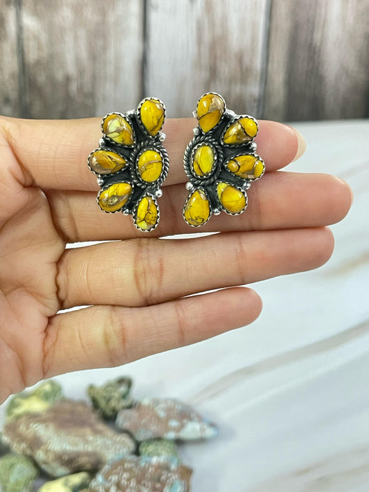 Handmade Sterling Silver Honey Dahlia Post Earrings, Signed Nizhoni