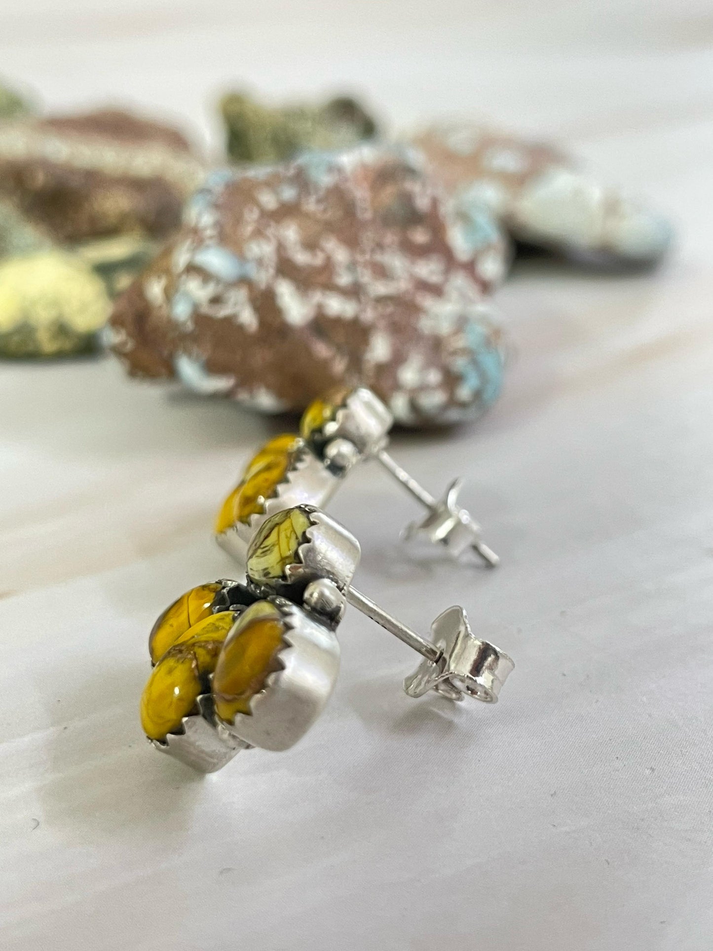 Backroads Handmade Sterling Silver Honey Dahlia Post Earrings, Signed Nizhoni