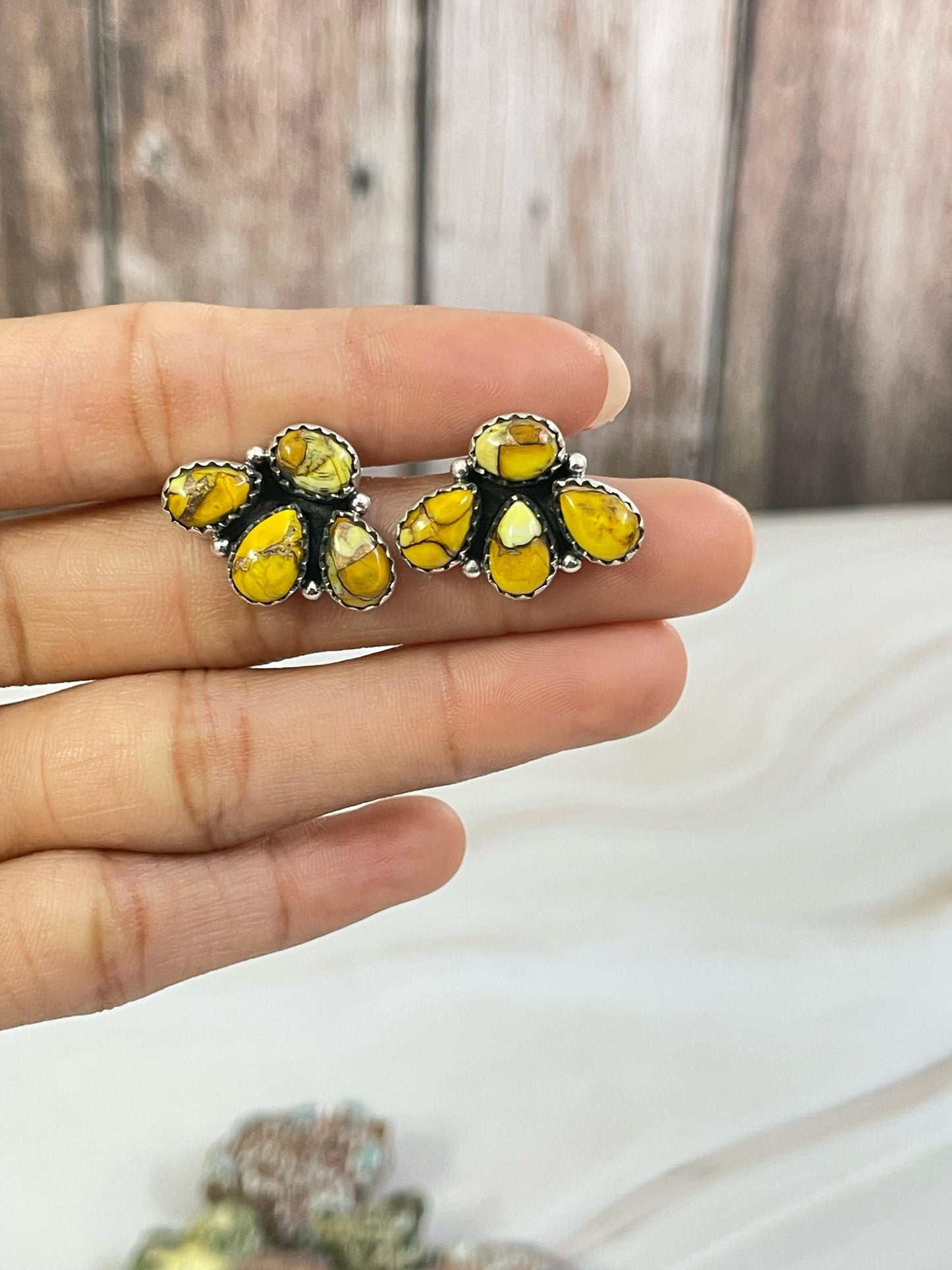 Backroads Handmade Sterling Silver Honey Dahlia Post Earrings, Signed Nizhoni