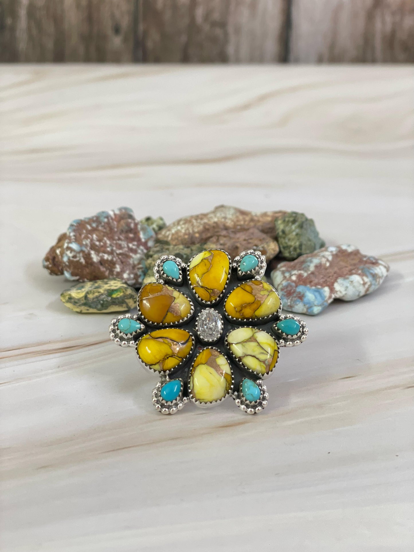 Handmade Sterling Silver Honey Dahlia with Kingman & Topaz Adjustable Ring, Signed Nizhoni