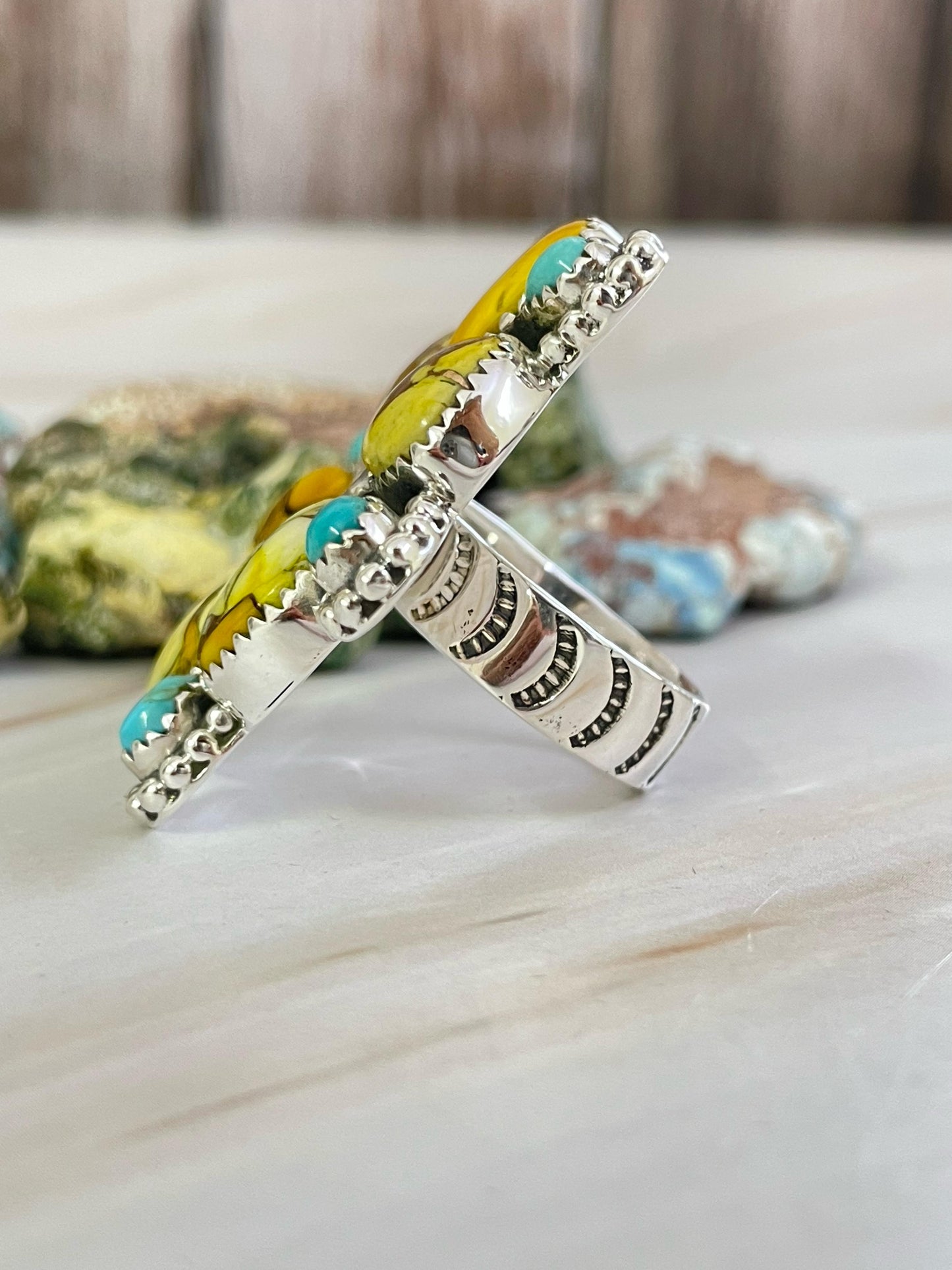 Handmade Sterling Silver Honey Dahlia with Kingman & Topaz Adjustable Ring, Signed Nizhoni