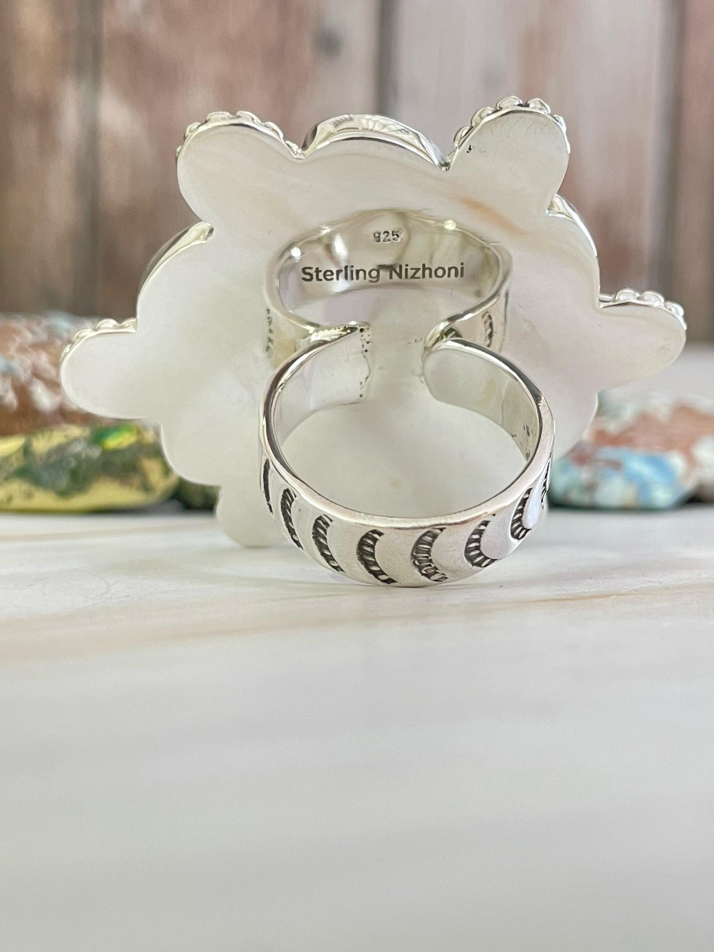 Handmade Sterling Silver Honey Dahlia with Kingman & Topaz Adjustable Ring, Signed Nizhoni