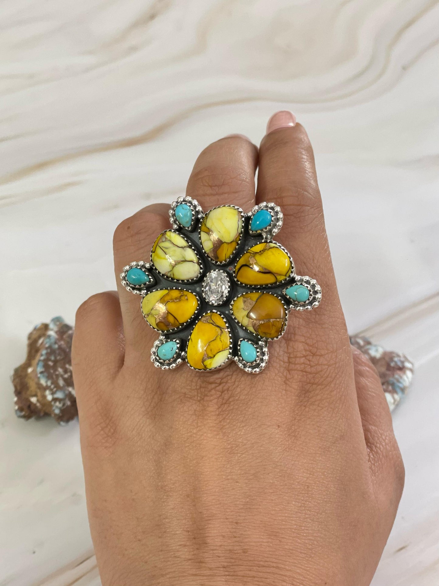 Handmade Sterling Silver Honey Dahlia with Kingman & Topaz Adjustable Ring, Signed Nizhoni