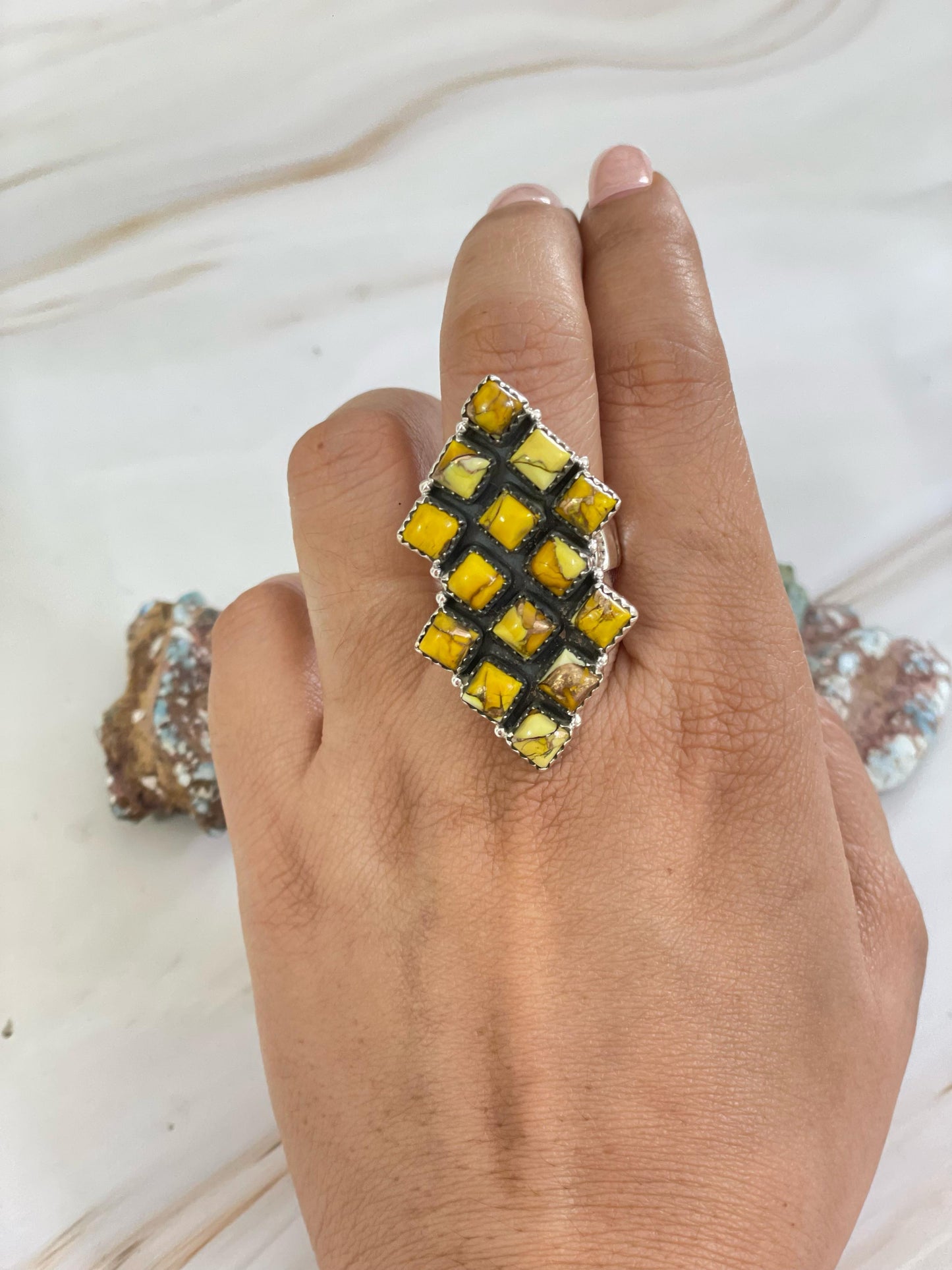 Handmade Sterling Silver Honey Dahlia Turquoise Ring, Signed Nizhoni
