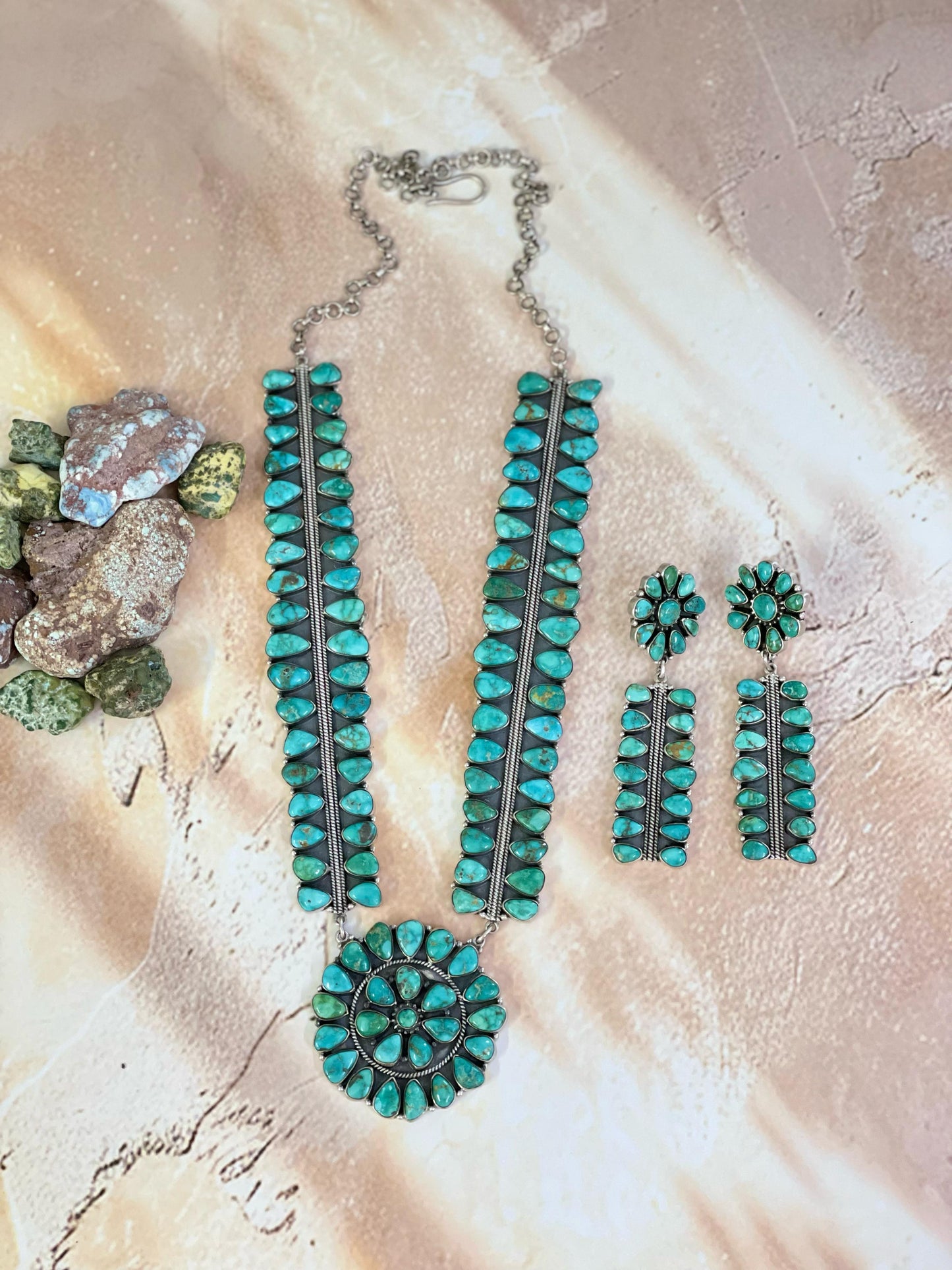 Handmade Sterling Silver Emerald Valley Turquoise Necklace Earring Set with Signed Nizhoni