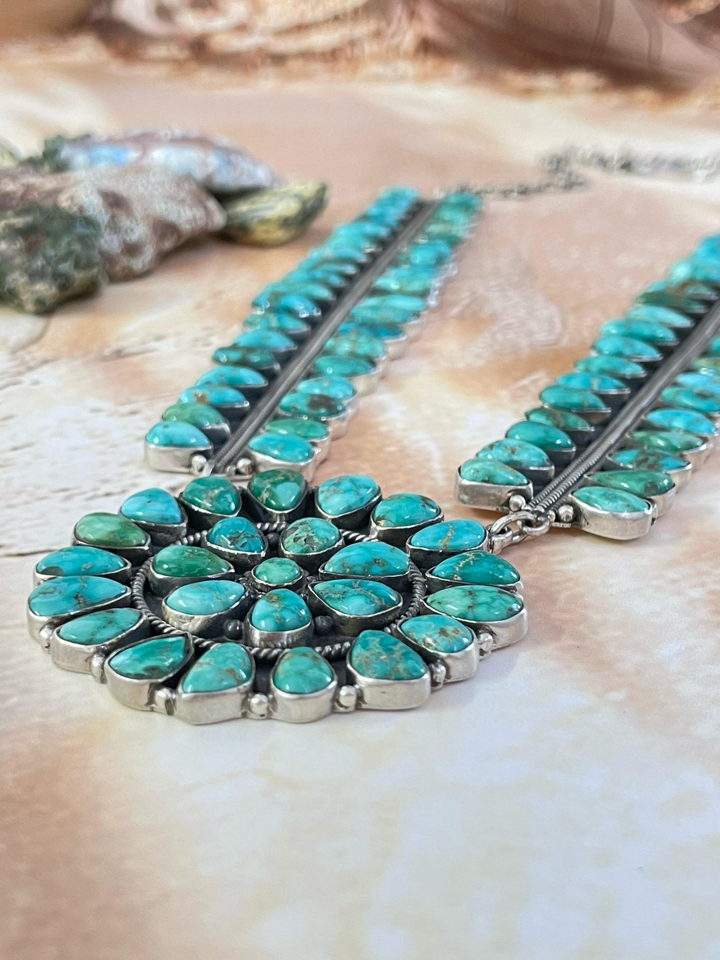 Handmade Sterling Silver Emerald Valley Turquoise Necklace Earring Set with Signed Nizhoni
