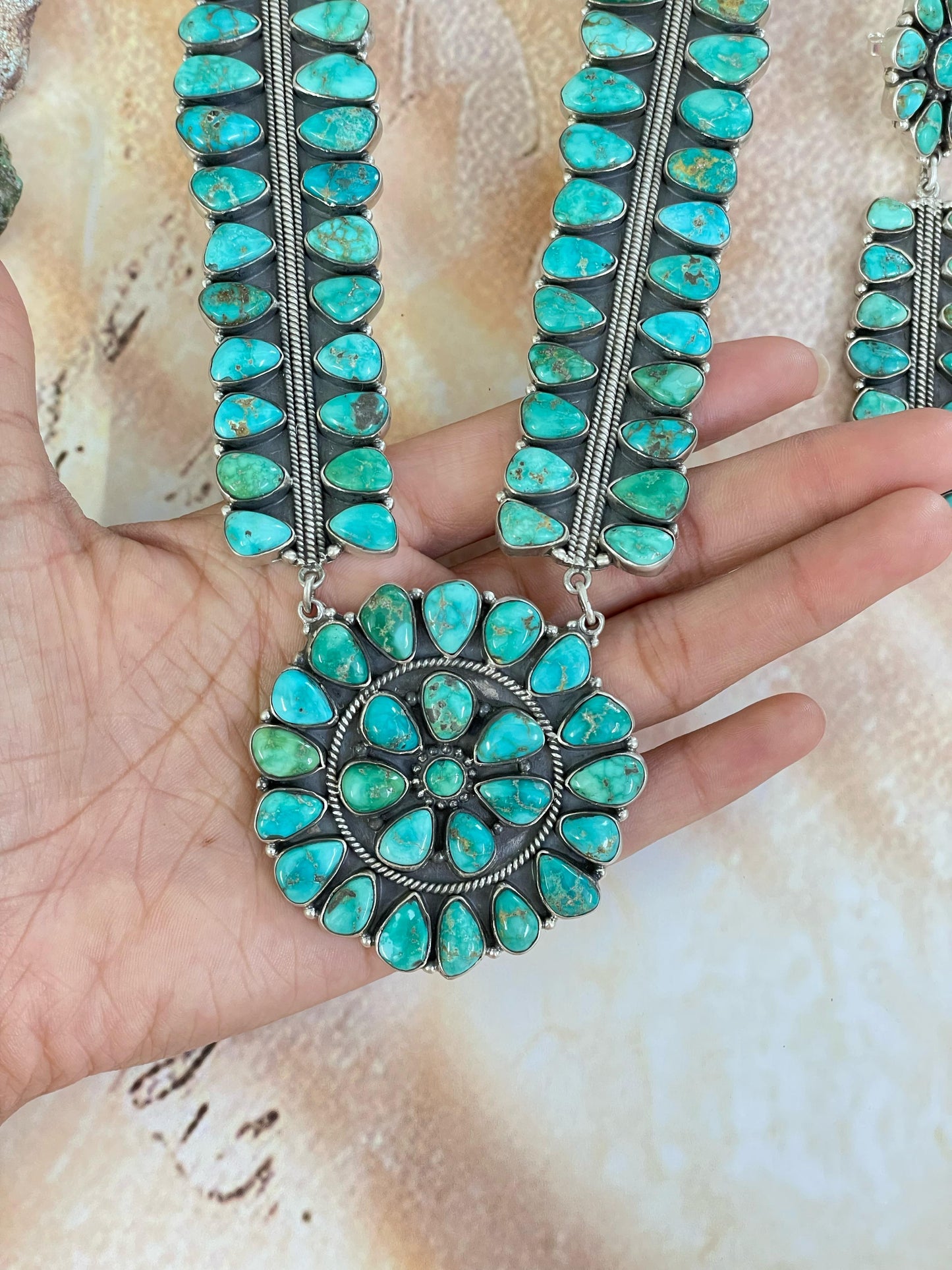 Handmade Sterling Silver Emerald Valley Turquoise Necklace Earring Set with Signed Nizhoni