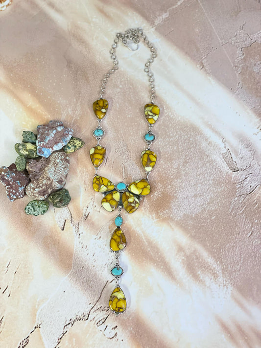 Handmade Sterling Silver Honey Dahlia with Kingman Turquoise Necklace, Signed Nizhoni