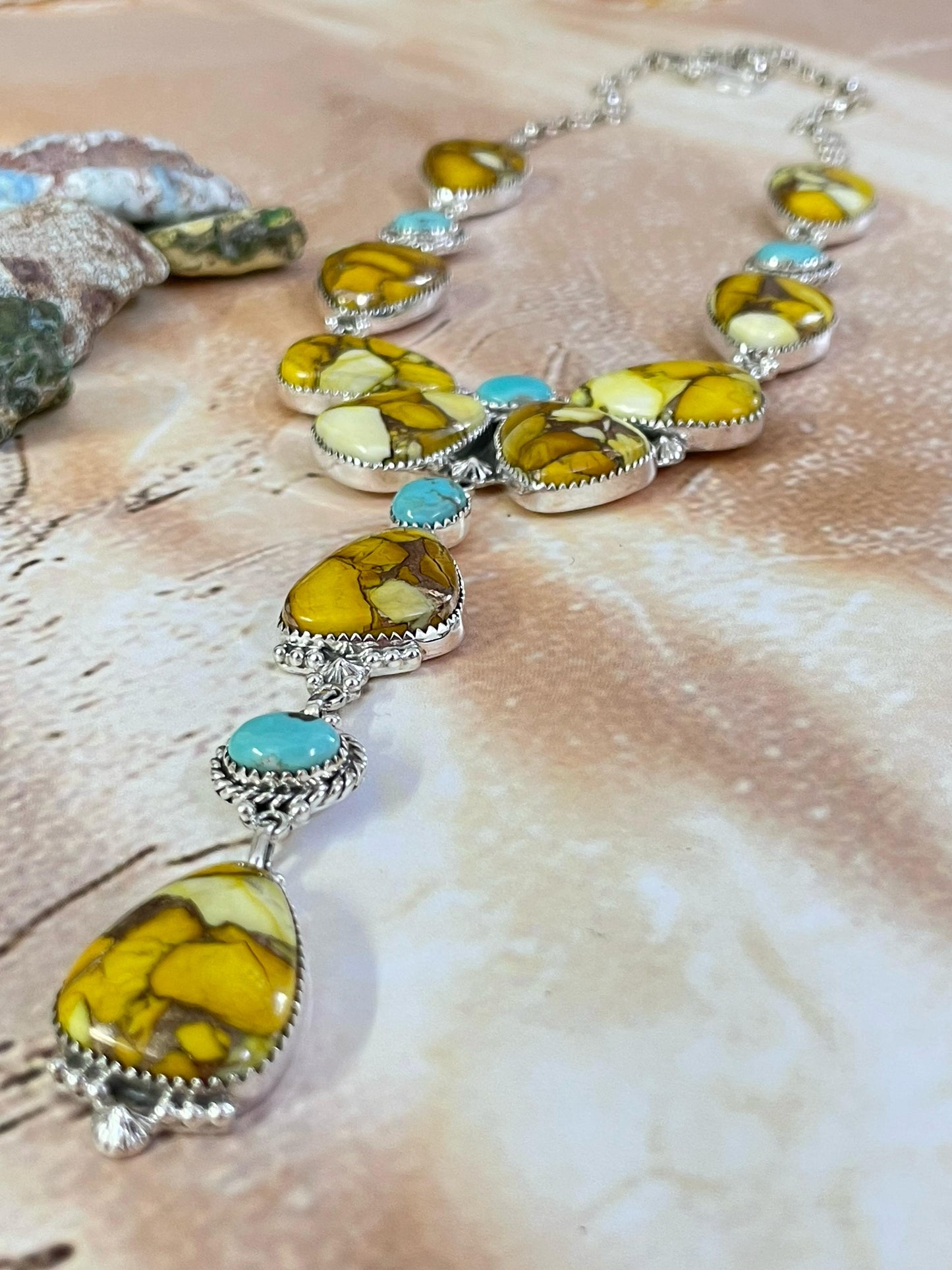 Handmade Sterling Silver Honey Dahlia with Kingman Turquoise Necklace, Signed Nizhoni