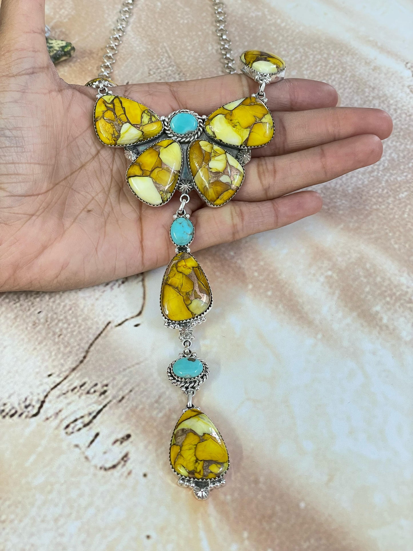 Handmade Sterling Silver Honey Dahlia with Kingman Turquoise Necklace, Signed Nizhoni