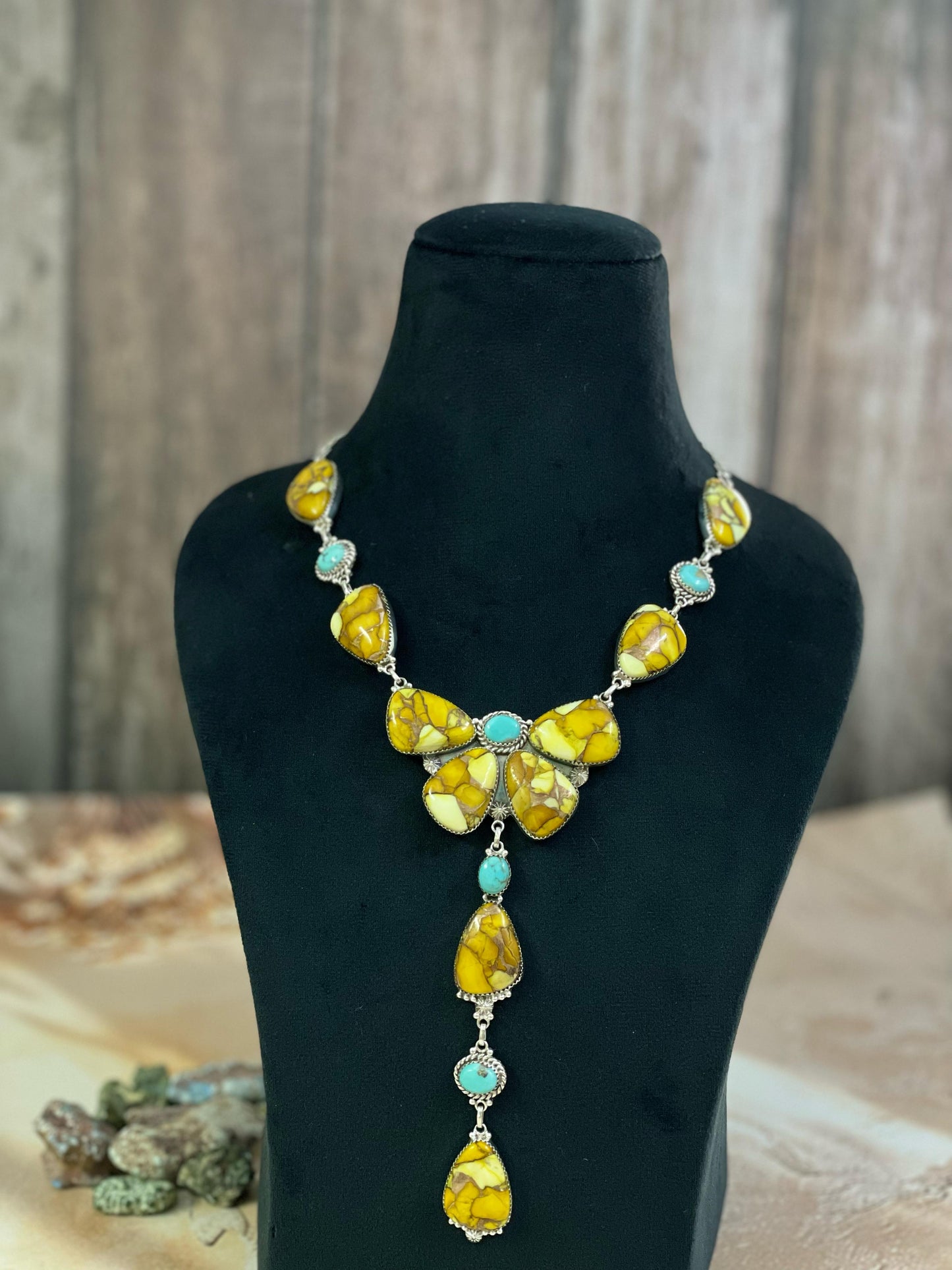 Handmade Sterling Silver Honey Dahlia with Kingman Turquoise Necklace, Signed Nizhoni