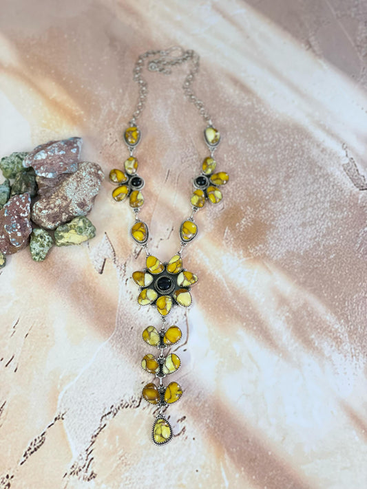 Handmade Sterling Silver Honey Dahlia with Black Onyx Necklace, Signed Nizhoni
