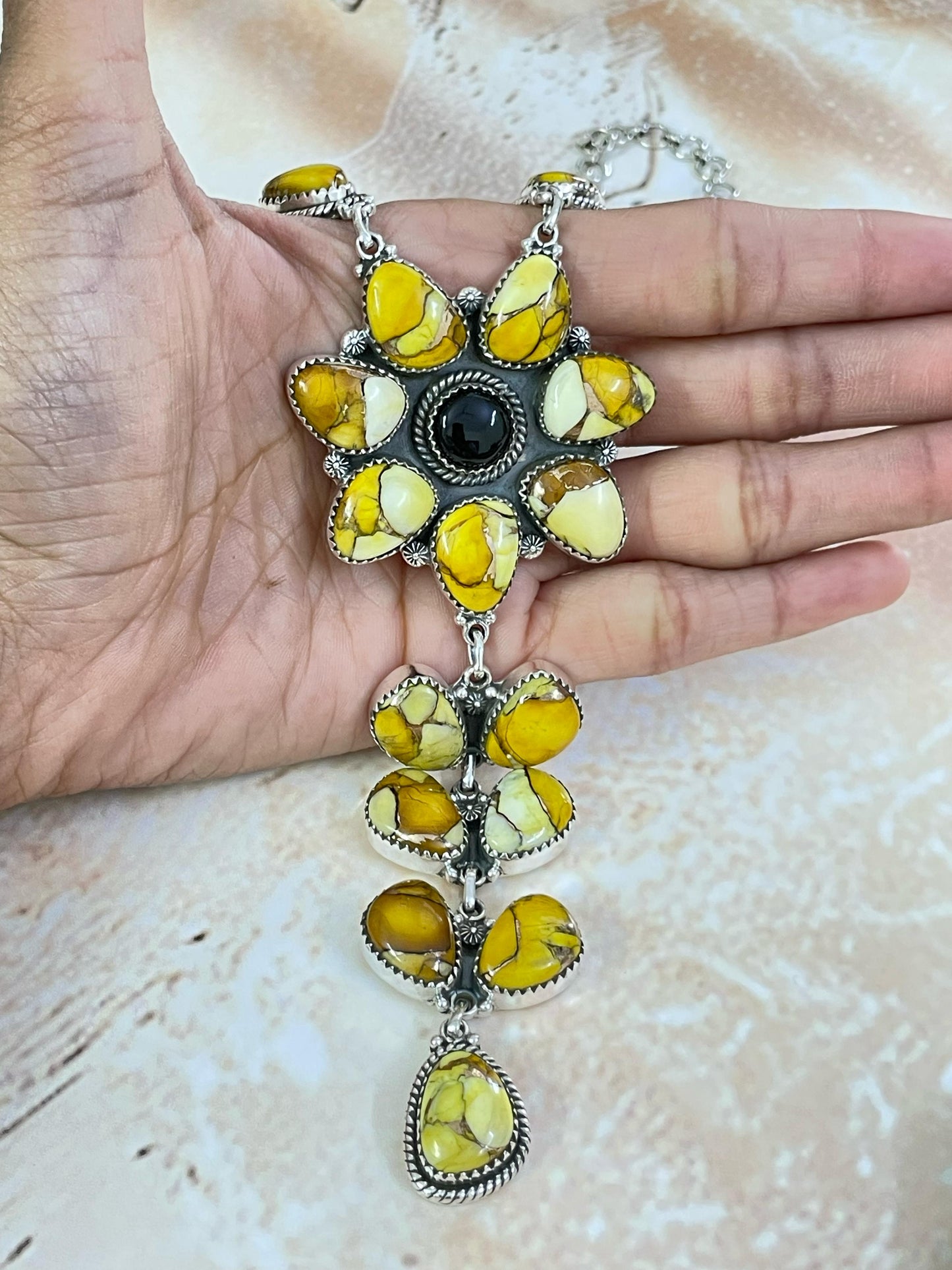 Handmade Sterling Silver Honey Dahlia with Black Onyx Necklace, Signed Nizhoni