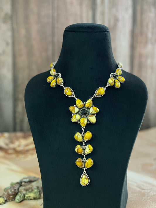 Handmade Sterling Silver Honey Dahlia with Black Onyx Necklace, Signed Nizhoni