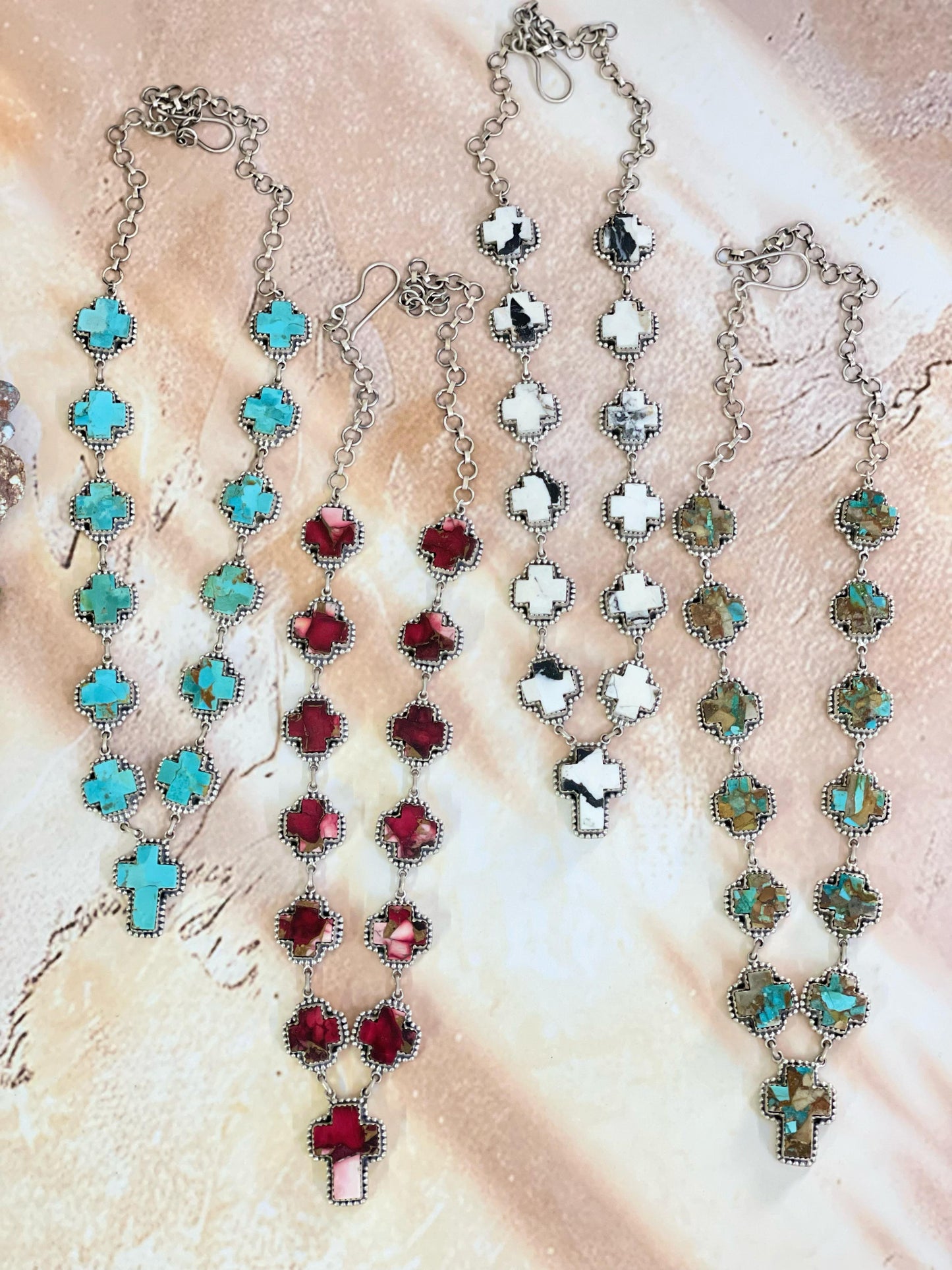 Handmade Sterling Silver Red Rose Dahlia, Kingman, White Buffalo, Royston Turquoise Necklace with Signed Nizhoni