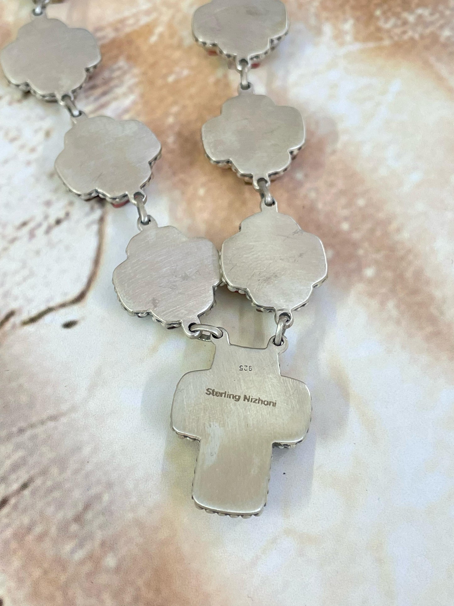 Handmade Sterling Silver Red Rose Dahlia, Kingman, White Buffalo, Royston Turquoise Necklace with Signed Nizhoni