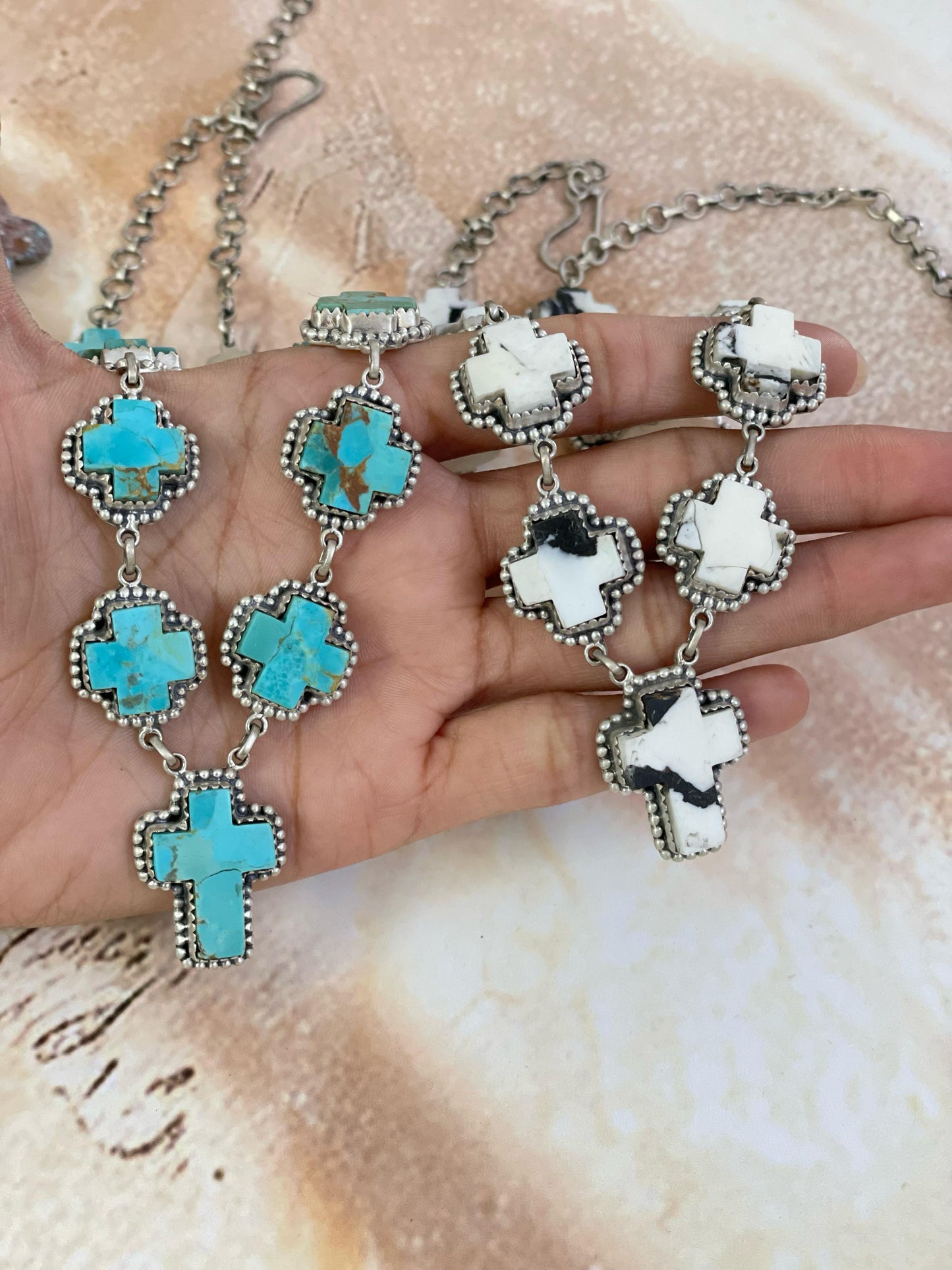 Handmade Sterling Silver Red Rose Dahlia, Kingman, White Buffalo, Royston Turquoise Necklace with Signed Nizhoni