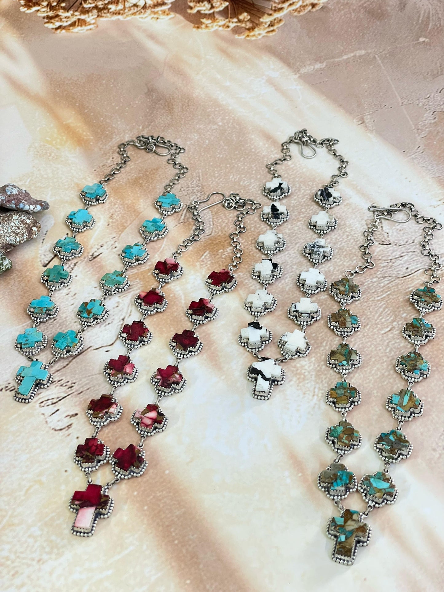 Handmade Sterling Silver Red Rose Dahlia, Kingman, White Buffalo, Royston Turquoise Necklace with Signed Nizhoni