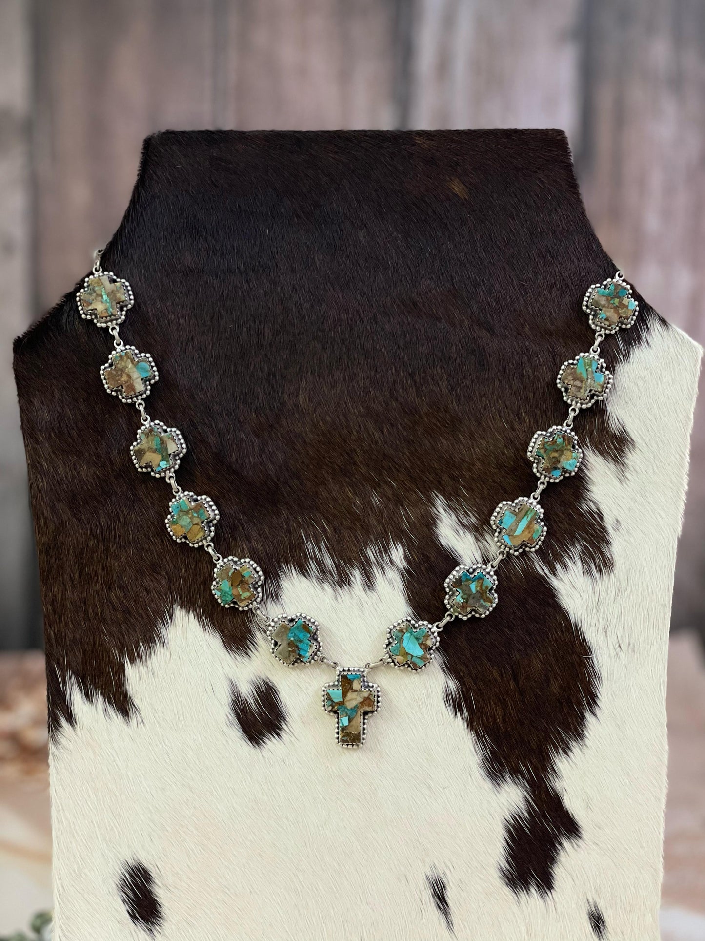 Handmade Sterling Silver Red Rose Dahlia, Kingman, White Buffalo, Royston Turquoise Necklace with Signed Nizhoni