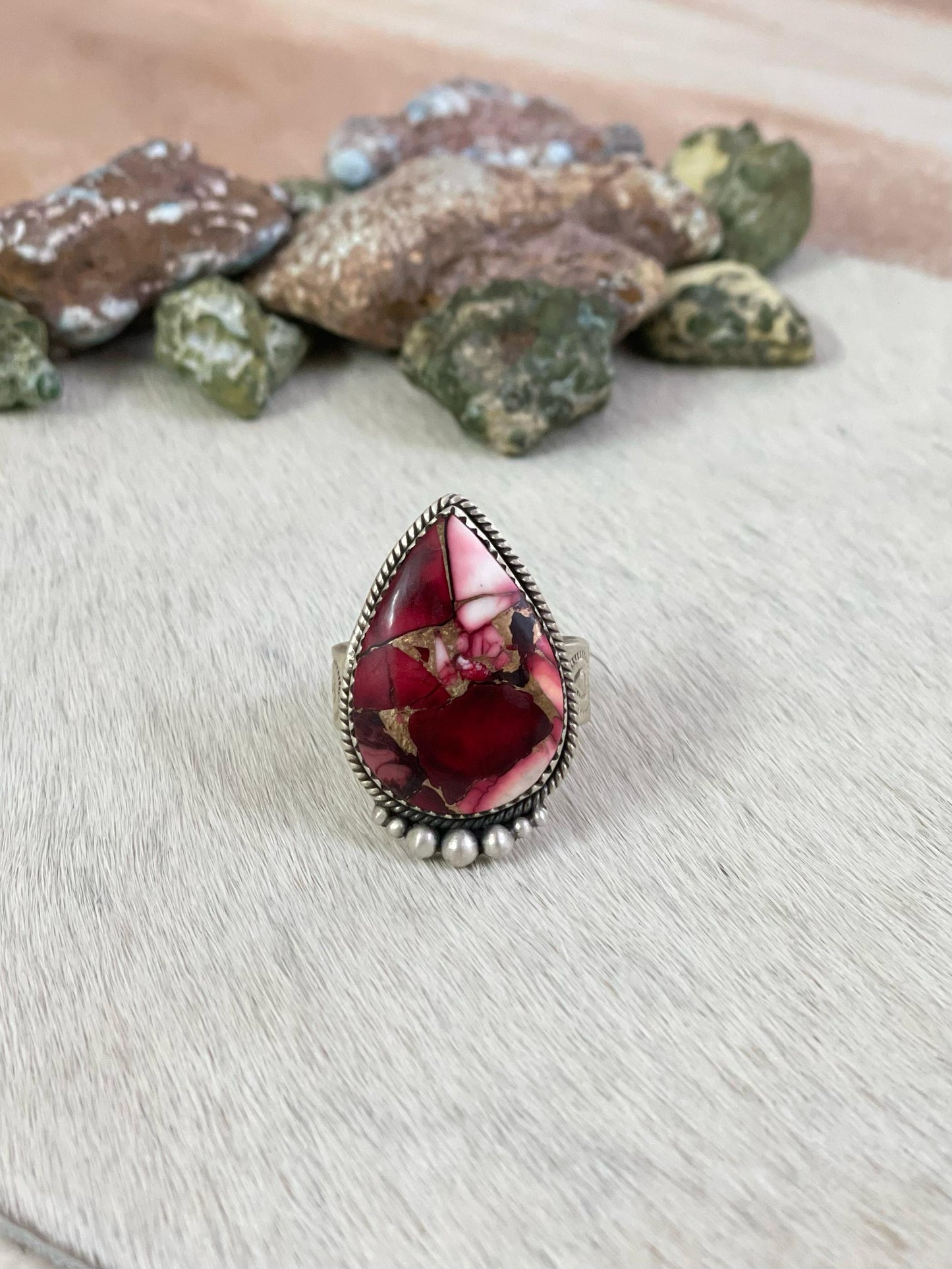 Handmade Sterling Silver Red Rose Dahlia Adjustable Ring, Signed Nizhoni