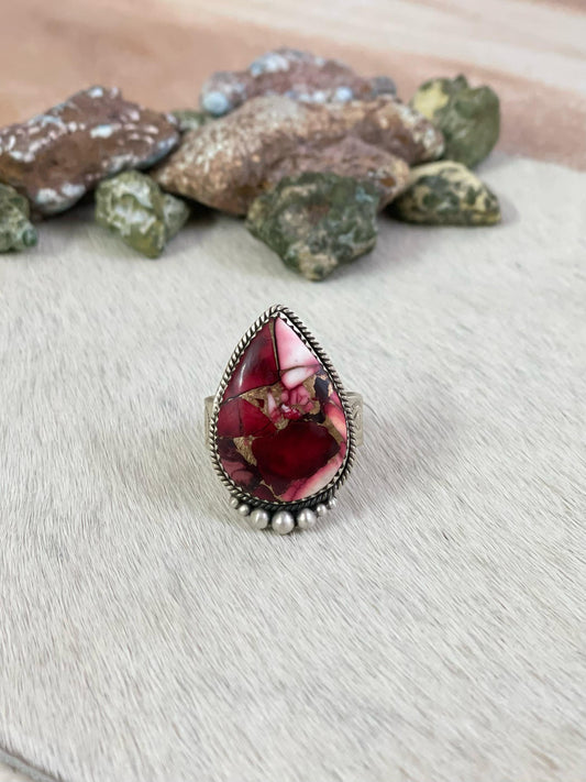 Handmade Sterling Silver Red Rose Dahlia Adjustable Ring, Signed Nizhoni