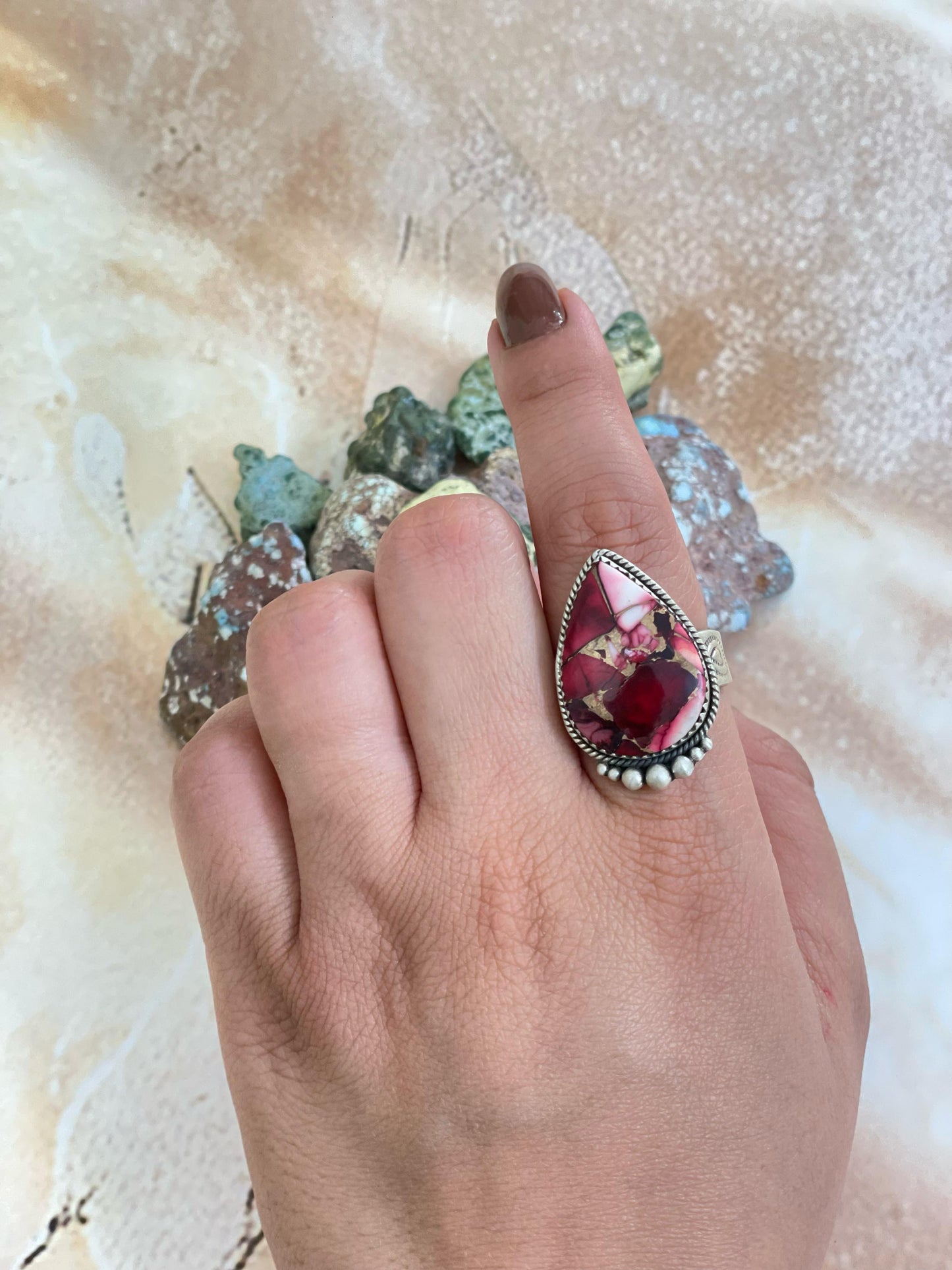 Handmade Sterling Silver Red Rose Dahlia Adjustable Ring, Signed Nizhoni