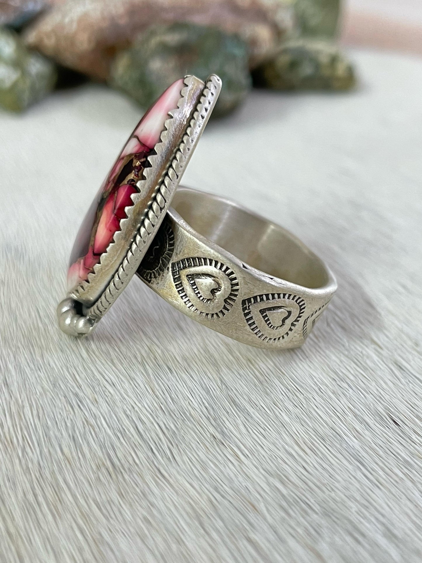 Handmade Sterling Silver Red Rose Dahlia Adjustable Ring, Signed Nizhoni