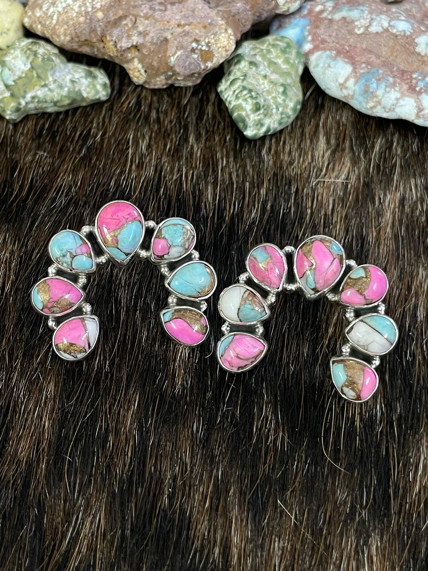 Handmade Sterling Silver Cotton Candy Turquoise, Post Earrings, Signed Nizhoni