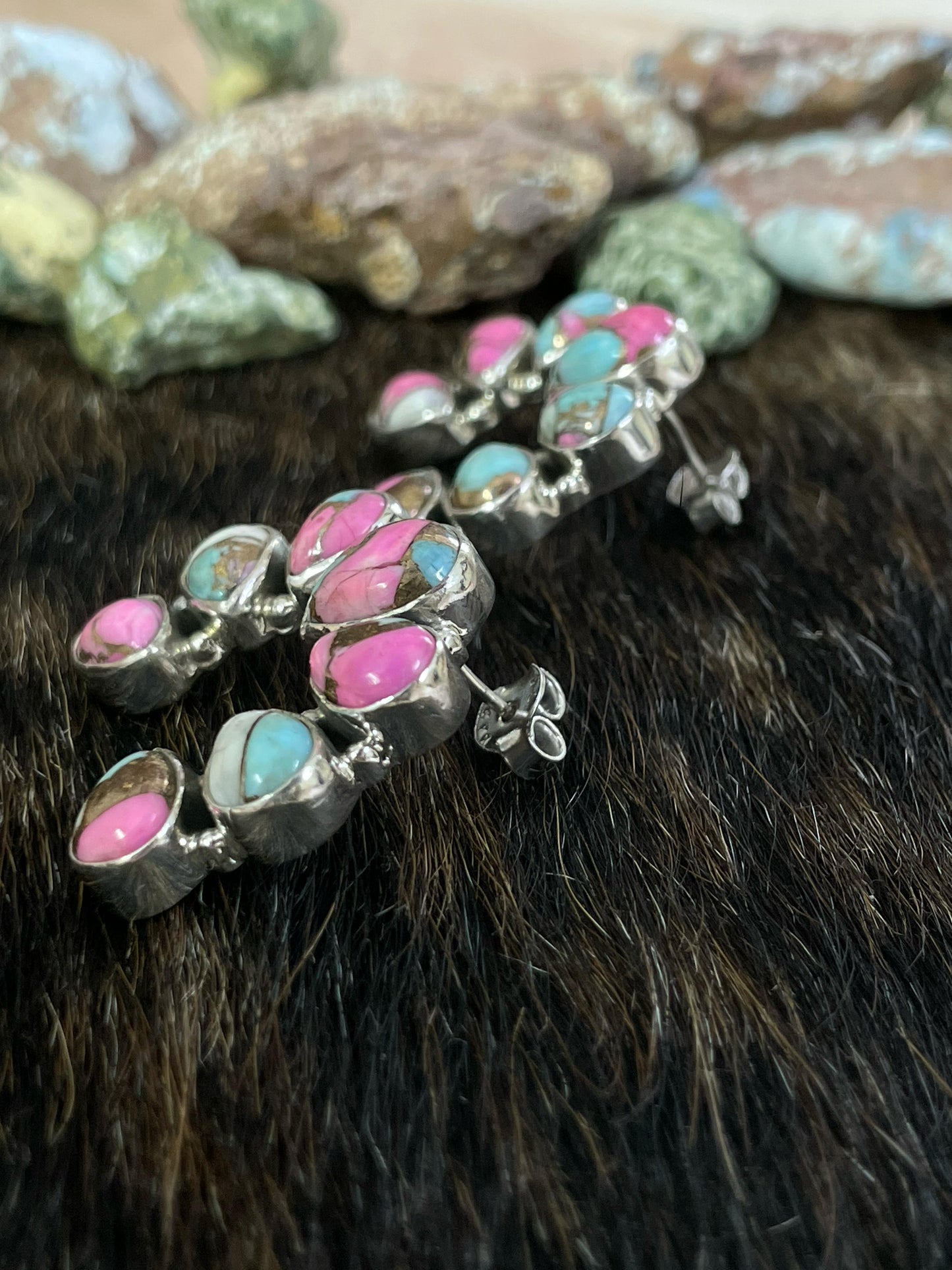 Handmade Sterling Silver Cotton Candy Turquoise, Post Earrings, Signed Nizhoni