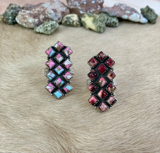 Handmade Silver Sterling Cotton Candy Turquoise, Red Rose Dahlia Adjustable Ring with Signed Nizhoni