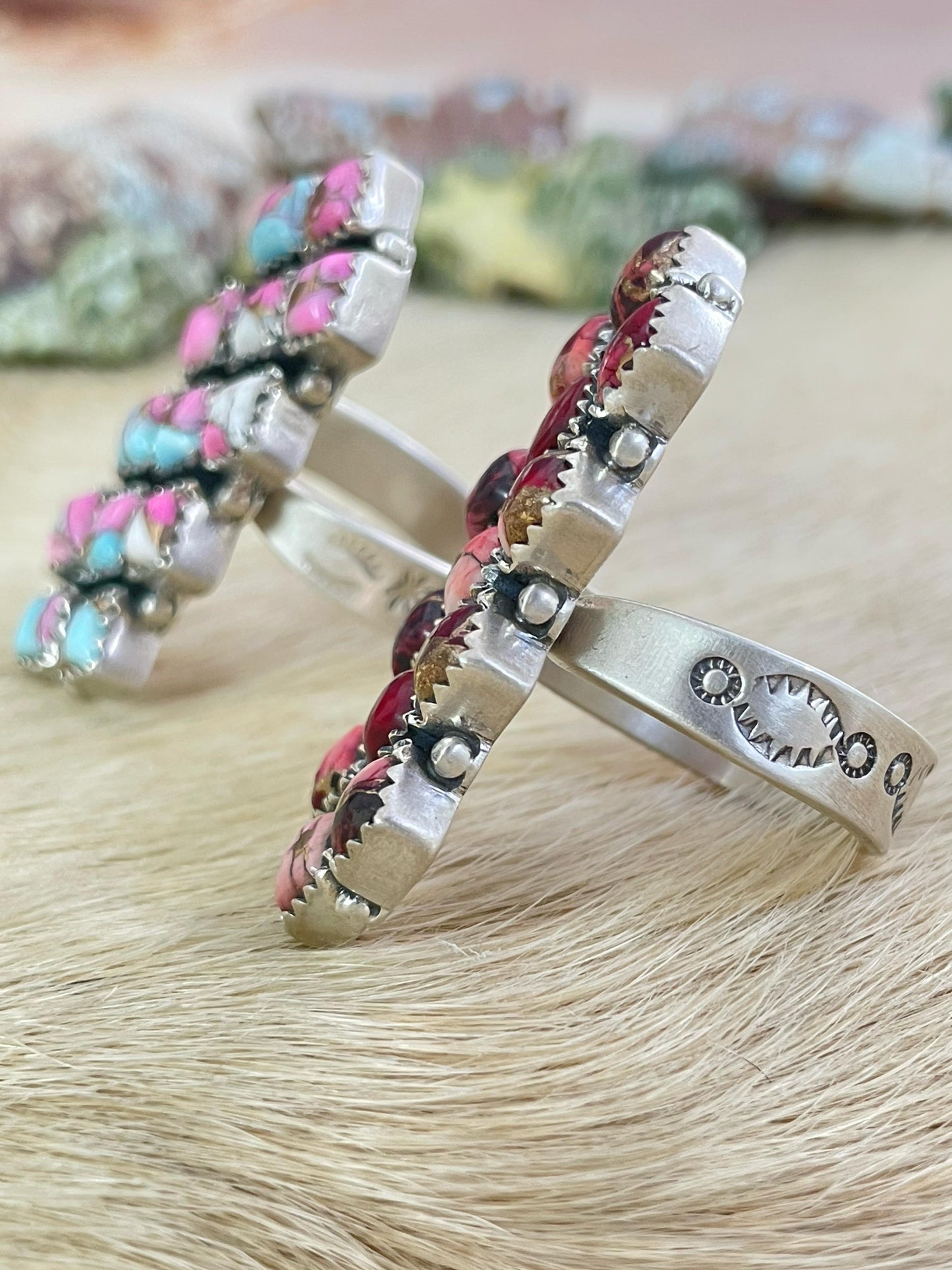 Handmade Silver Sterling Cotton Candy Turquoise, Red Rose Dahlia Adjustable Ring with Signed Nizhoni